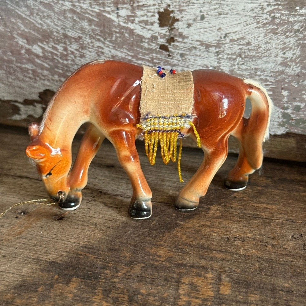 Vintage Enesco Japan Ceramic Grazing Horse Figurine Beaded Saddle Blanket 5" MCM